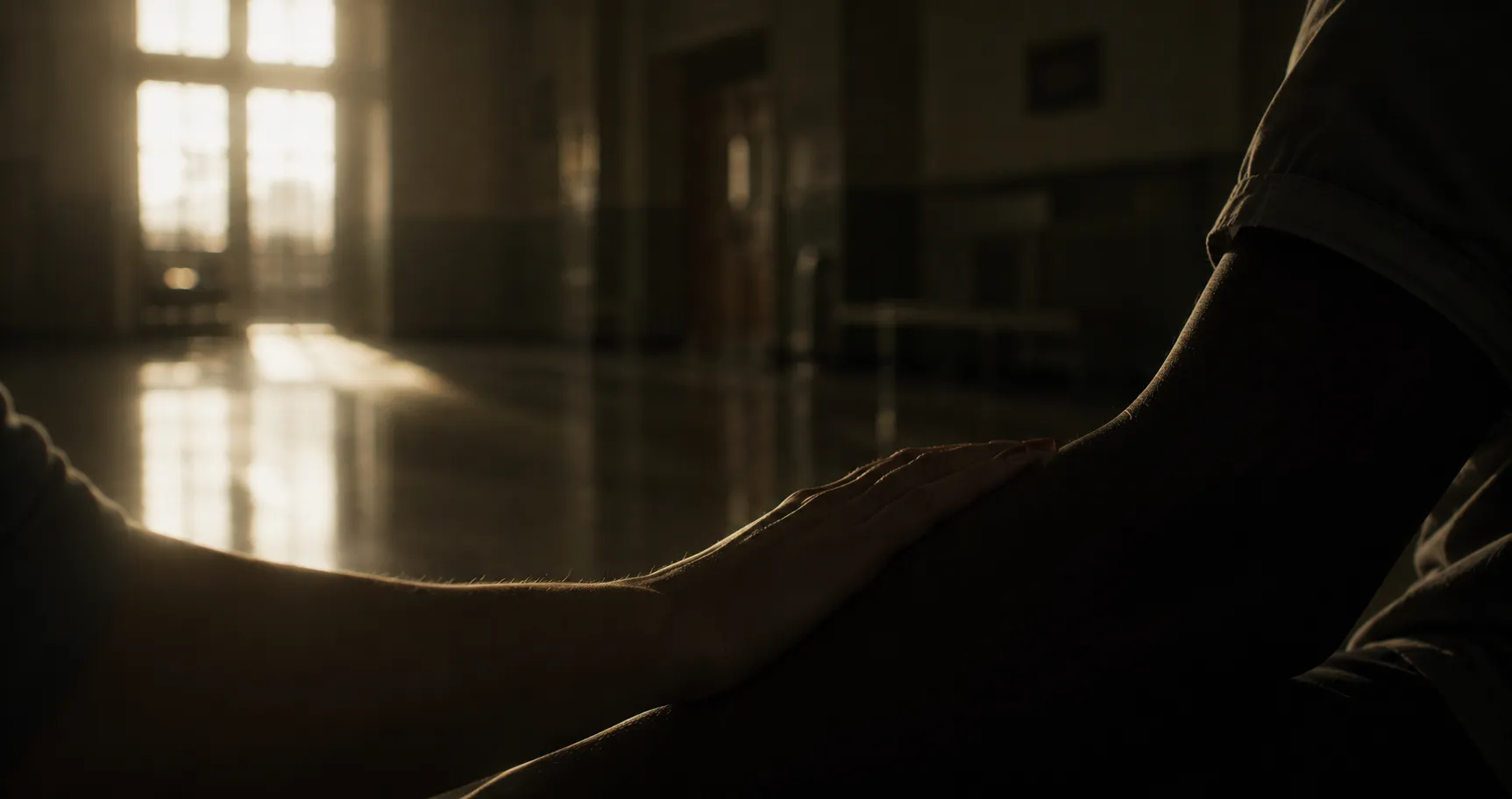A hand resting on a forearm in a sunlit ward.
