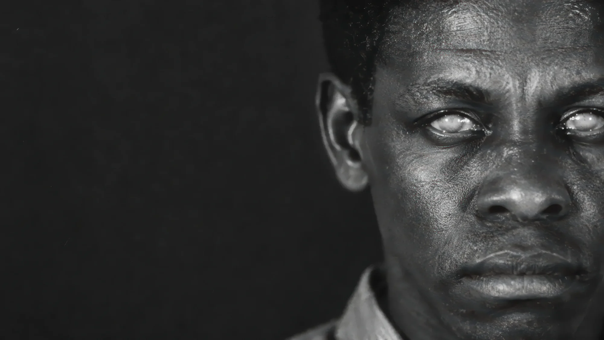 Portrait of a young Black man, unseeing, lit against darkness.